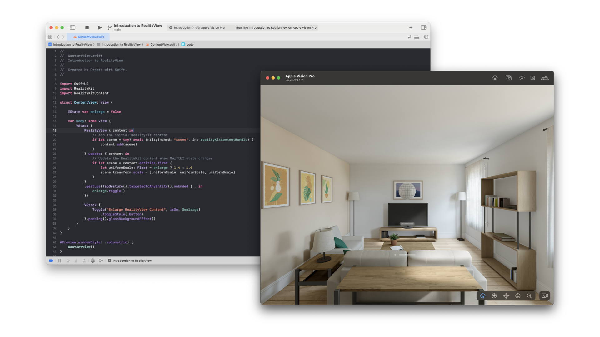 A screenshot of Xcode displaying Swift code for a RealityView project on the left, and on the right, a preview of a 3D-rendered living room seen through the Apple Vision Pro simulator. The code window shows the implementation of a RealityView in the ContentView.