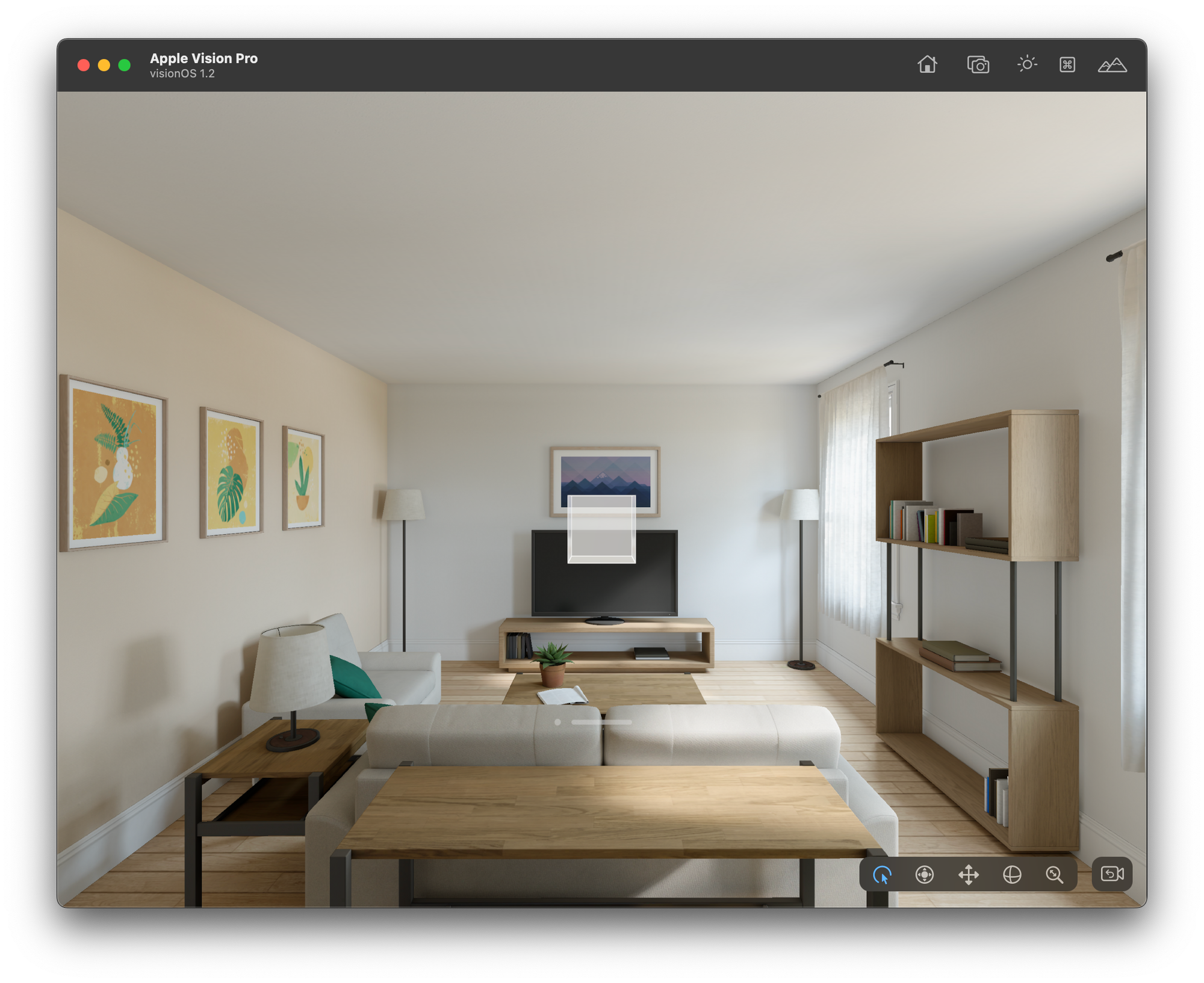  A screenshot from the Apple Vision Pro simulator showing a the GlassCube 3D model rendered in a living room.