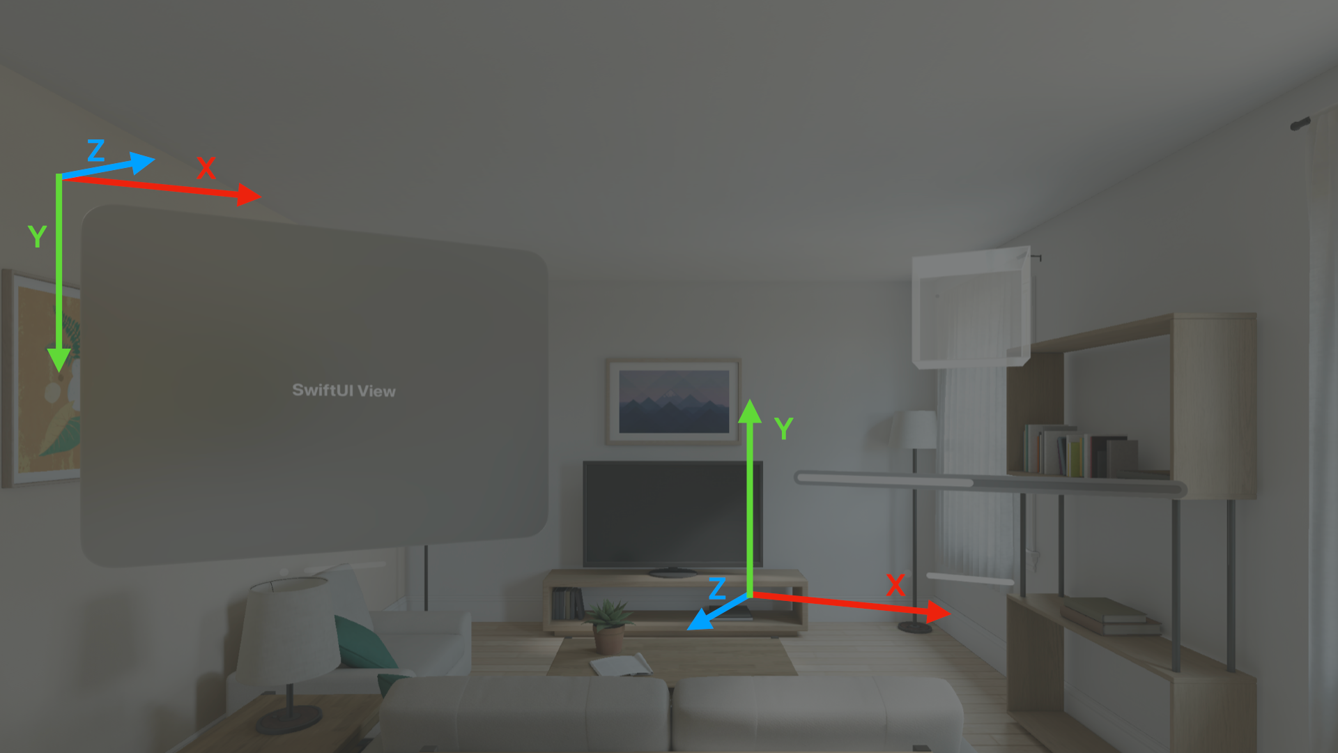 A screenshot from the Apple Vision Pro simulator displaying a 3D-rendered living room with overlaid X, Y, and Z coordinate axes in red, green, and blue respectively.