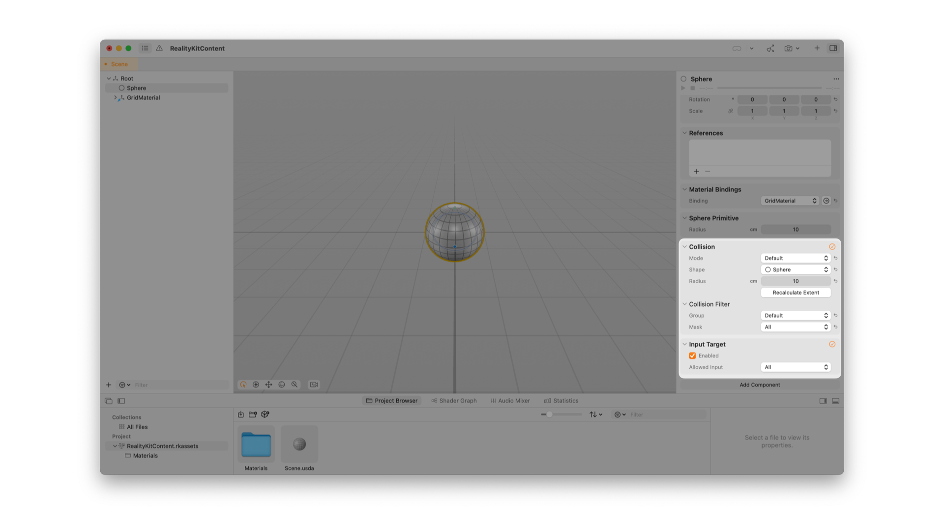 A screenshot of Reality Composer Pro showing the properties of a 3D sphere object. Various settings for the sphere are displayed, including rotation, scale, material bindings, sphere primitive properties, collision settings, collision filter, and input target options.