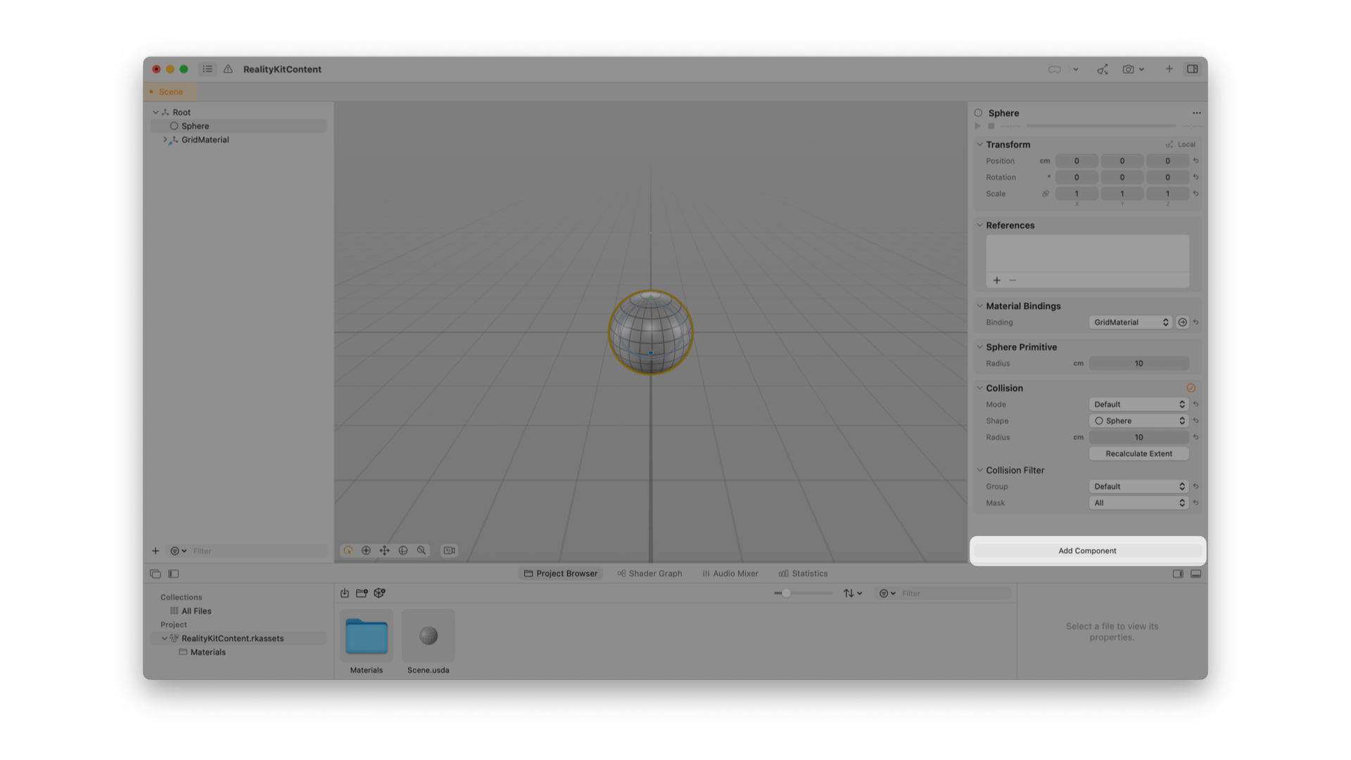 A screenshot of Reality Composer Pro showing the properties of a 3D sphere object. Various settings for the sphere are displayed along with an "Add Component" button at the bottom.