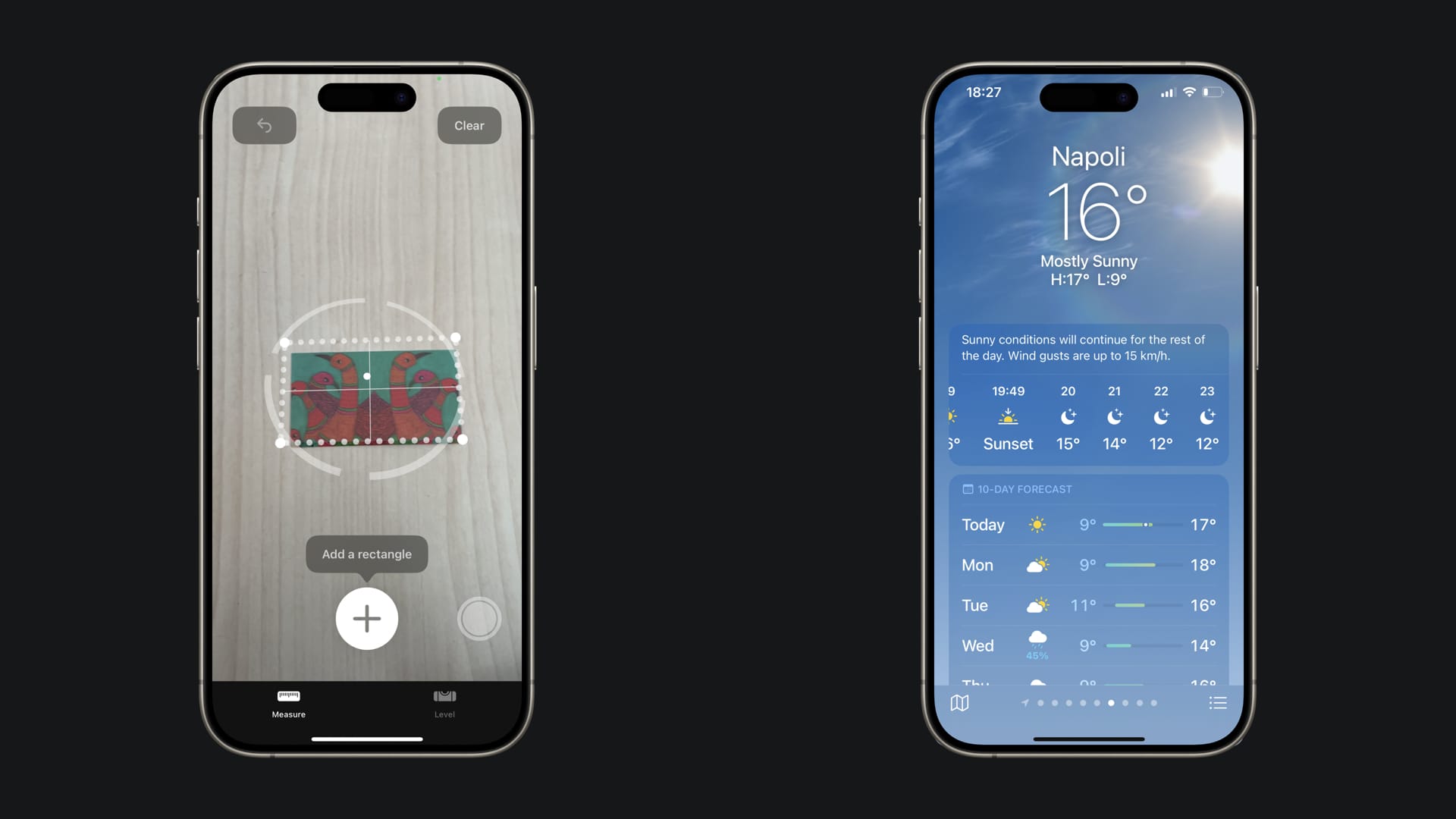 First example show the Measure app interface and the second example show the Weather app interface