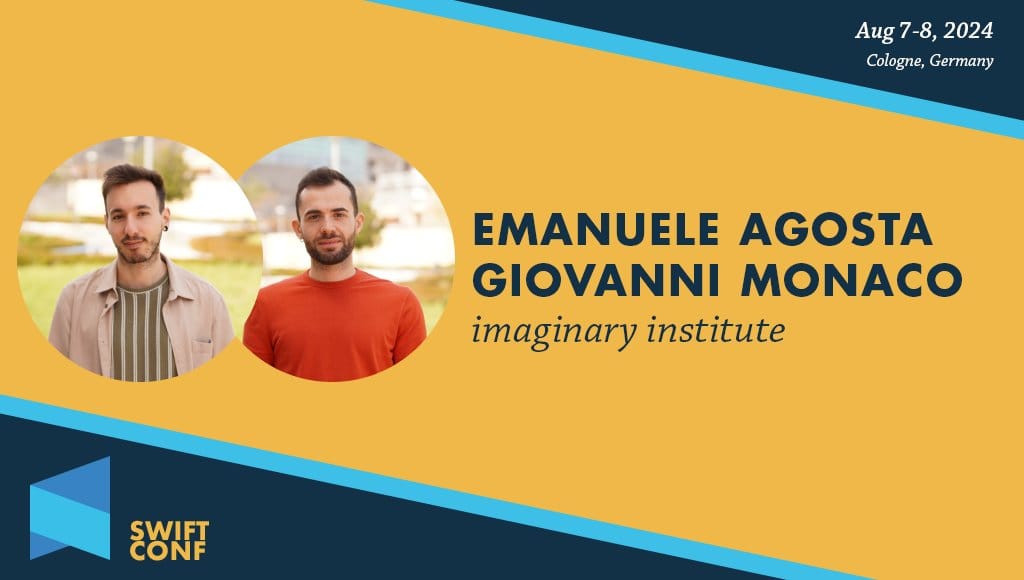 Photo and name of Emanuele Agosta and Giovanni Monaco on the SwiftConf marketing material