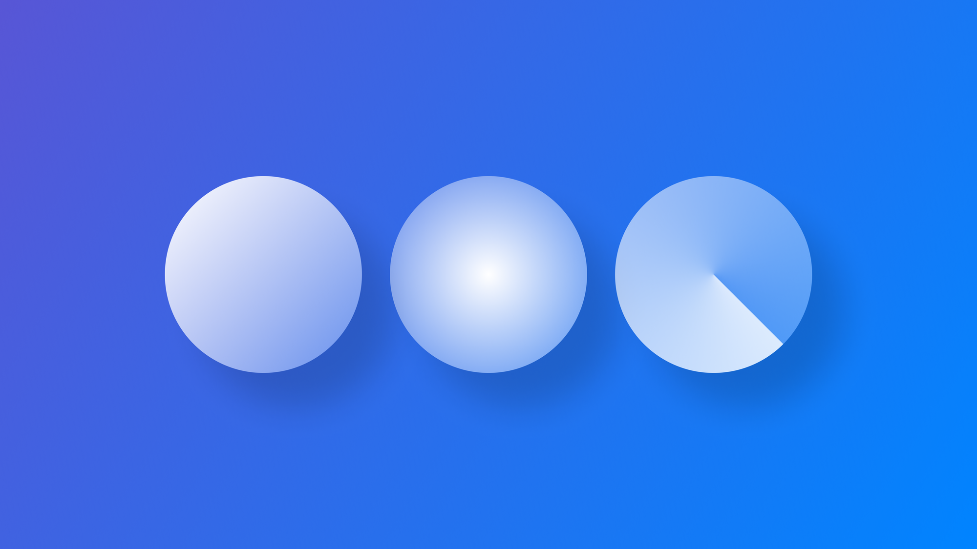 Blue gradient background color with three circular shapes filled with a linear, a radial and an angular gradient