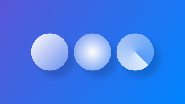 Blue gradient background color with three circular shapes filled with a linear, a radial and an angular gradient